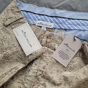 New Peter Millar Seaside Shorts Mens 42 X 9 Poplin‎ Khaki All Over Print Shorts